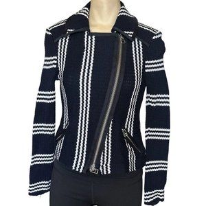 Veronica Beard Bailey Striped Moto Jacket Knit Blue White Pockets Women's Size S